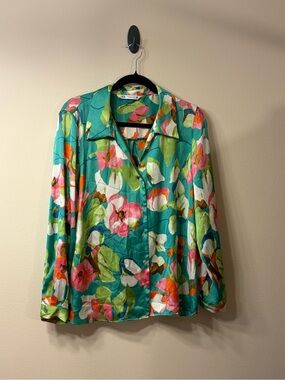 Zara Teal Floral Button-Front Blouse